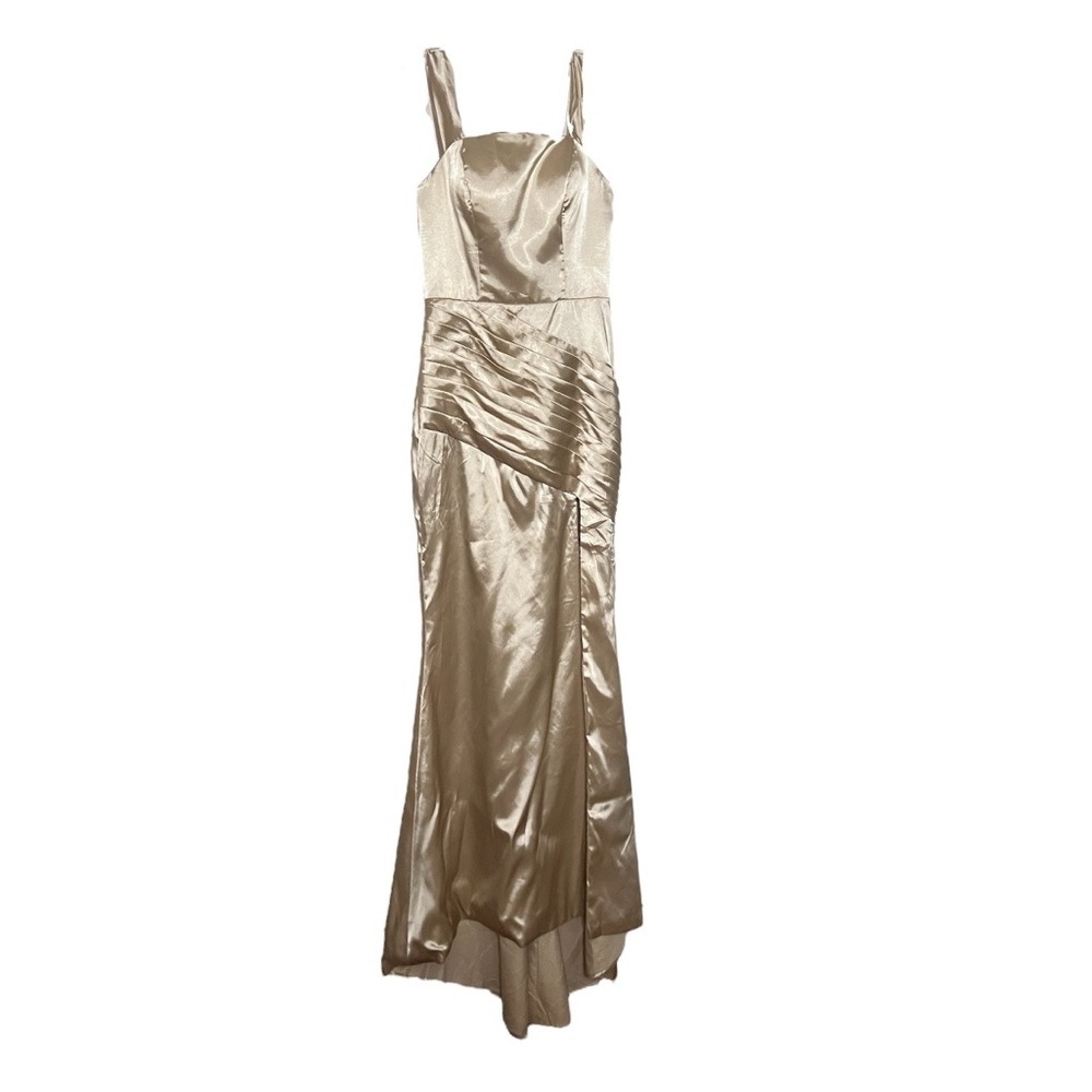 Hebeos Champagne Asymmetrical Lined High Slit Satin Sheen Dress NWT - Picture 4 of 15